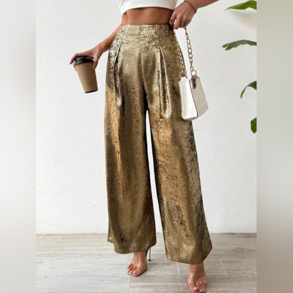 Women's Metallic Effect Pleated Pants For New Year Holiday Party Clothes - Picture 1 of 6